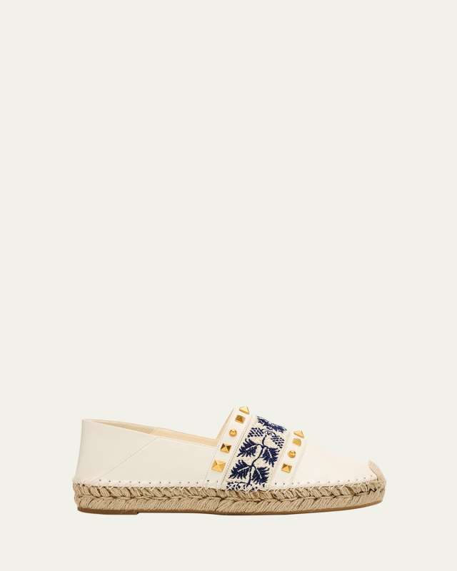 Rockstud Embroidered Leather Espadrilles